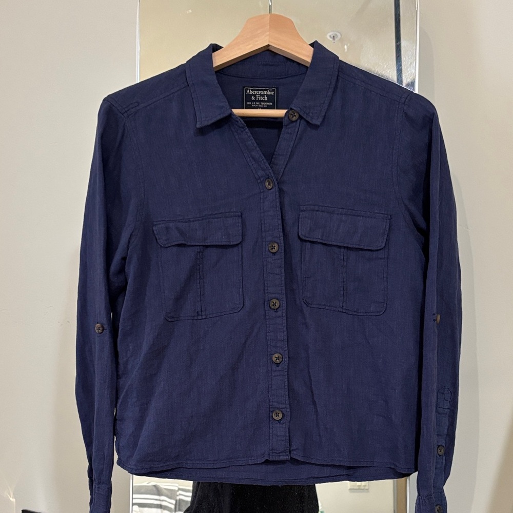 Abercrombie & Fitch Navy Long-Sleeve Button Shirt M linen blend
